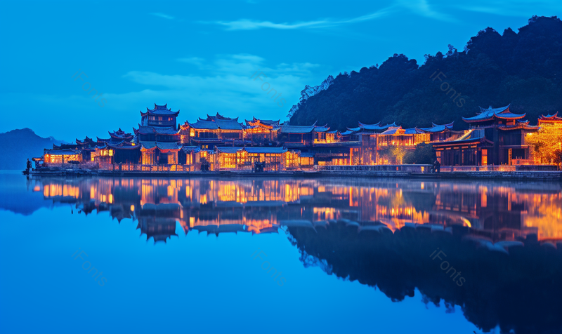 深蓝色凤凰古城水天一色夜间美景,高清,摄影图,摄影图片,图片大全,摄影图免费下载